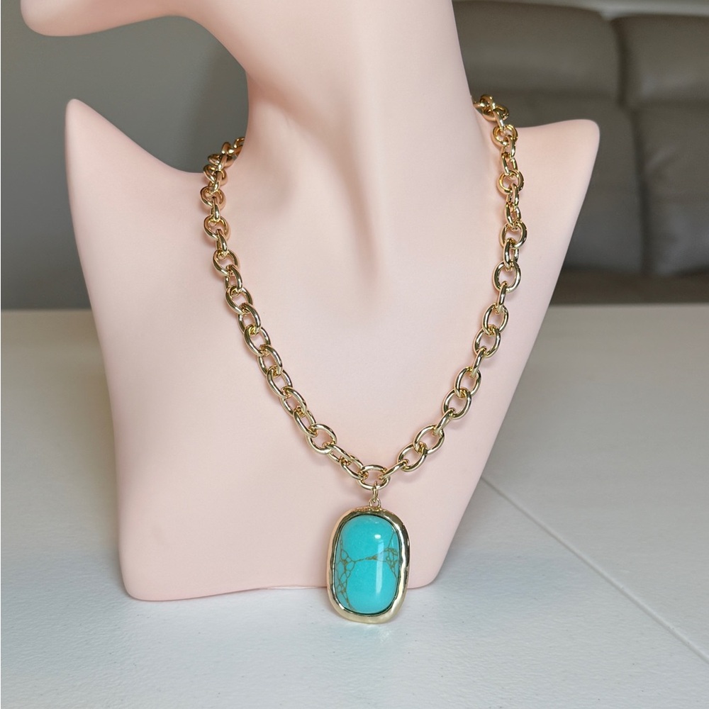 Gold Chain Necklace with Turquoise Pendant - Picture 3 of 10
